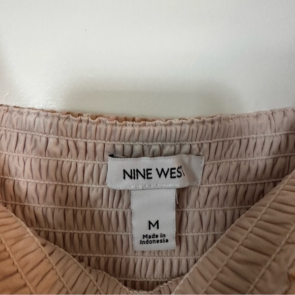 Nine West Puff Sleeve Smocked Peplum Top Leopard Print Beige/Pink Medium - Picture 7 of 15